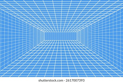 3d wireframe grid room. 3d perspective laser grid 16 9.. Cyberspace blue background with white mesh. Futuristic digital hallway space in virtual reality. vector