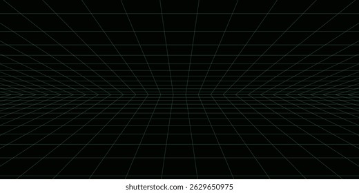 3d wireframe grid room. 3d perspective laser grid 16 9.. Cyberspace blue background with white mesh. Futuristic digital hallway space in virtual reality. Vector illustration.
