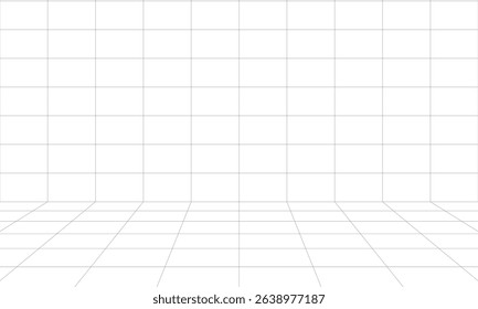 3d wireframe grid room. 3d perspective laser grid. Cyberspace white background with black mesh. Futuristic digital hallway space in virtual reality. Vector illustration.