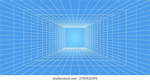 3d wireframe grid room. 3d perspective laser grid 16 9.. Cyberspace blue background with white mesh. Futuristic digital hallway space in virtual reality. Vector illustration.