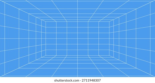 3d wireframe grid room. 3d perspective laser grid 16 9.. Cyberspace blue background with white mesh. Futuristic digital 