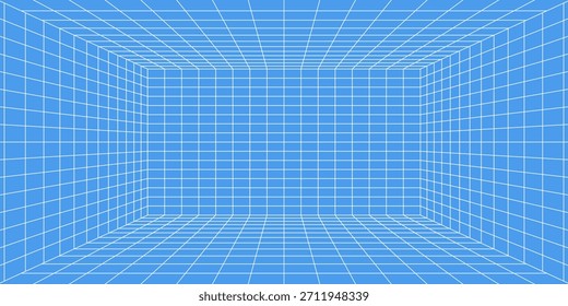 sala de grade 3d wireframe. 3d perspectiva laser grade 16 9.. Fundo azul ciberespaço com malha branca. Digital futurista 