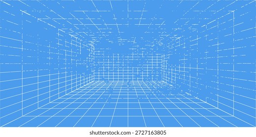 3D Drahtgitterraum. 3D-Perspektive Lasergitter 16 9.. Cyberspace blauer Hintergrund mit weißem Mesh. Futuristische digitale Flur Raum in der virtuellen Realität. Vektorgrafik.