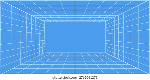 3d wireframe grid room. 3d perspective laser grid 16 9.. Cyberspace blue background with white mesh. Futuristic digital hallway space in virtual reality. Vector illustration.