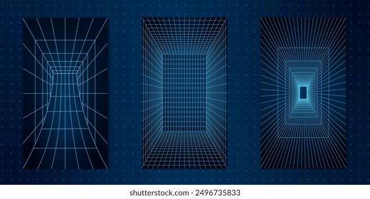 3D wireframe grid tunnels with abstract shapes and neon blue lines. This y2k cyberpunk design features geometric mesh patterns, offering a futuristic and retro aesthetic. Tech elements stand out.