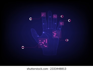 3D-Wireframe-Hand mit manueller Scan-Technologie. Vektorgrafik auf blauem Hintergrund