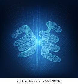 3D wireframe hand open dimension grid, abstract futuristic digital theme, concept of digital era