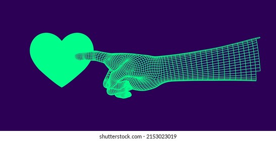 3D wireframe of a hand pressing heart icon. Retrofuturistic sci-fi style illustration.