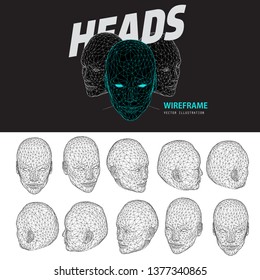 3D wireframe head model rotation vector illustration