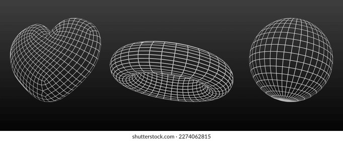 3d wireframe heart line shape. Abstract geometric mesh polygon sphere graphic object. Outline white grid y2k figure set on dark background. Digital tech design for dimensional love form and torus