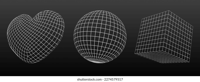 3d wireframe heart line shape. Abstract geometric mesh polygon sphere graphic object. Outline white grid y2k figure set on dark background. Digital tech design for dimensional love form and cube.