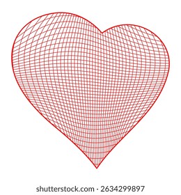 3d wireframe heart line shape. Outline white grid y2k figure son white background. Digital tech design for dimensional love form.