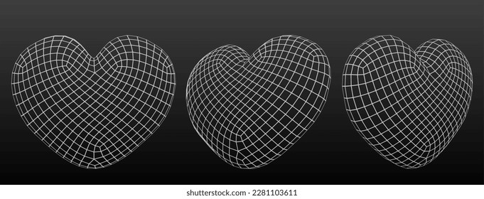 3d wireframe heart shape. Digital geometric grid icon of love, health and Valentines day. Abstract object from line mesh in heart shape, vector outline illustration