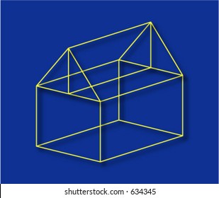 3D wireframe house on blue background