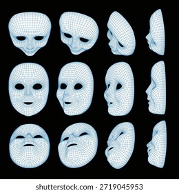Conjunto de máscara de cara humana de marco de alambre 3D que muestra varios ángulos y perspectivas. Rejilla de malla digital diseñada para IA, reconocimiento facial, biometría, seguridad cibernética y conceptos de tecnología futurista