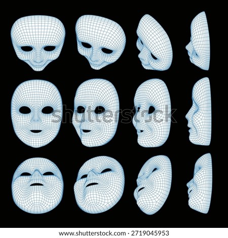 3D wireframe human face mask set showing various angles and perspectives. Digital mesh head grid designed for AI, facial recognition, biometrics, cyber security, and futuristic technology concepts