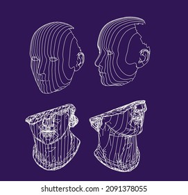 3D wireframe of a human head on dark background.