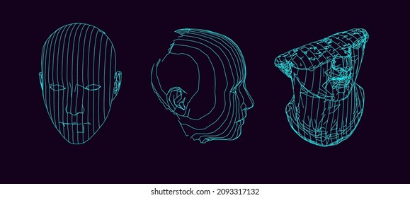 3D wireframe of a human head on dark background.