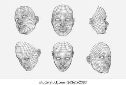 3d wireframe human heads  at different angles, technology concept
