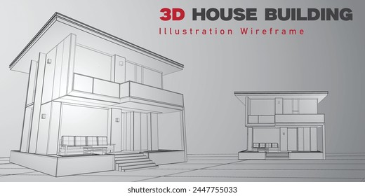 3d wireframe illustration of A House building with architectural sketch and modern perspective line