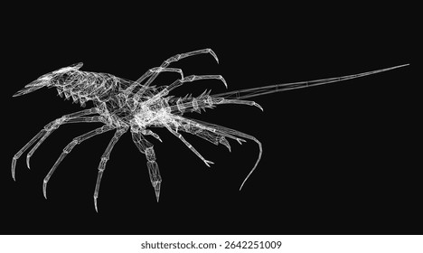A 3D wireframe lobster composed of white lines on a black background, featuring detailed claws, segmented tail, and long antennae. The stylized mesh design gives it a futuristic and technical.