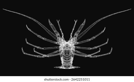 3D wireframe lobster with intricate lines and shapes, showcasing realistic details on a sleek black background. The complex structure highlights the crustacean's anatomy, perfect for design and.