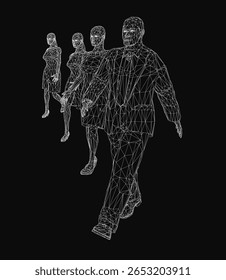 A 3D wireframe man in a black suit and tie walks confidently among a group of people in colorful dresses. The deep black background emphasizes the sleek, modern aesthetic.