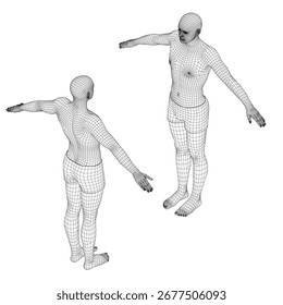 A 3D wireframe man model stands with outstretched arms in a dynamic animated pose against a clean white background.