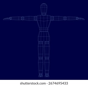 Un maniquí de estructura de alambre 3D se para con los brazos extendidos contra un fondo azul liso. El modelo digital presenta líneas limpias y Formas geométricas, destacando la anatomía humana en un estilo minimalista.