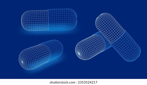 3D wireframe medical capsule pill. Low poly mesh grid model of pharmaceutical capsule, front and perspective view, isolated. Vector illustration