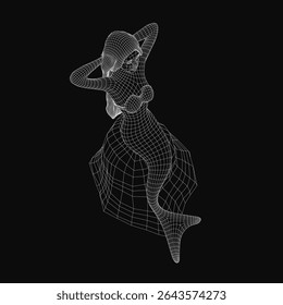 Uma sereia em 3D wireframe em um vestido fluente dança graciosamente em um fundo preto, apresentando detalhes intrincados e sombreamento realista. A pose elegante e a arte digital criam um ainda futurista.