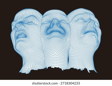 Malla de alambre 3D de tres cabezas humanas gritando. Abstractas caras de cuadrícula digital azul sobre fondo negro. Concepto cibernético para inteligencia artificial, reconocimiento facial, estrés y salud mental