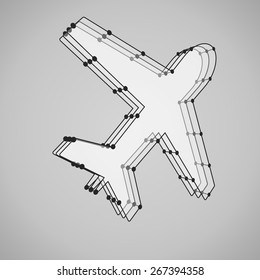 3d wireframe mesh vector airplane geometric object, perspective, isolated on background