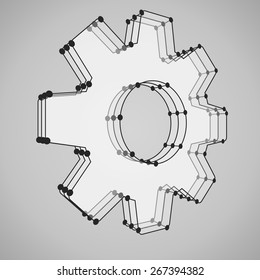 3d wireframe mesh vector gear geometric object, perspective, isolated on background