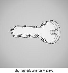 3d wireframe mesh vector key geometric object, perspective, isolated on background