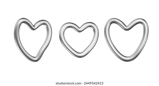 3D wireframe metallic hearts. Set of love forms with glossy gradient effect. Futuristic design elements collection. Vector illustration. Liquid abstract chromatic shapes. 