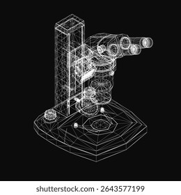 3D wireframe microscope with intricate lines and geometric shapes, rendered realistically on a black background. The detailed structure highlights the eyepiece, objective lenses, and adjustable focus.