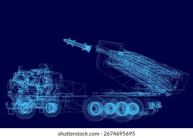 Un misil de estructura metálica 3D con componentes detallados destaca sobre un fondo azul. El lanzador militar cuenta con intrincados Elementos estructurales y un diseño de ingeniería preciso.