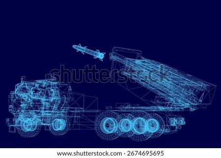 A 3D wireframe missile with detailed components stands out against a blue background. The military launcher features intricate structural elements and precise engineering design.