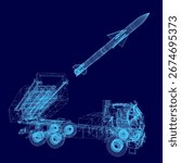 A 3D wireframe missile with a long pointed nose and tail stands out against a blue background. The detailed military launcher design highlights precision engineering.