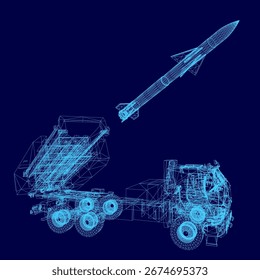 Un misil de estructura alámbrica 3D con una larga nariz y cola puntiaguda se destaca sobre un fondo azul. El diseño detallado del lanzador militar destaca la ingeniería de precisión.