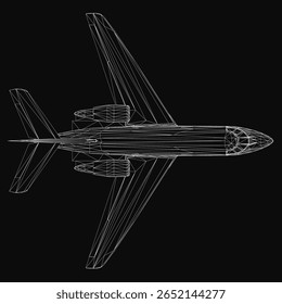 A 3D wireframe model of an aircraft with detailed wings, tail, and engines stands out against a black background. The white lines create a striking contrast.