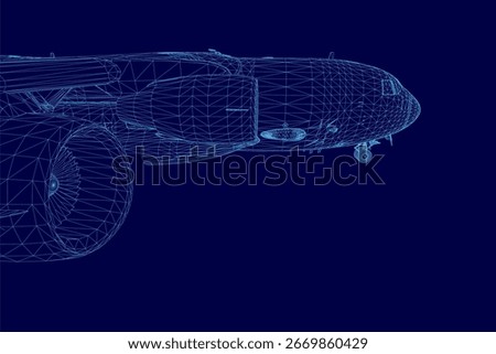 A 3D wireframe model of an aircraft displays intricate structural details on a solid blue background. The blueprint-style rendering highlights the plane's framework, wings.