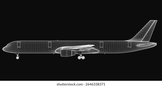 A 3D wireframe model of an airplane displayed on a black background highlights the aircraft's structural components and intricate design. The transparent mesh reveals the wings, fuselage, and tail.