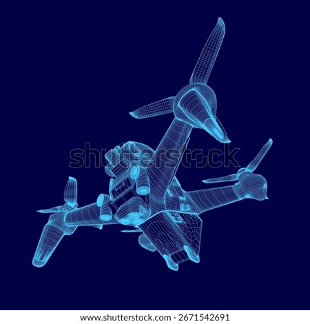 A 3D wireframe model of an airplane floats against a clean blue background, showcasing intricate structural details. The drone-like design features realistic rendering with transparent mesh surfaces.
