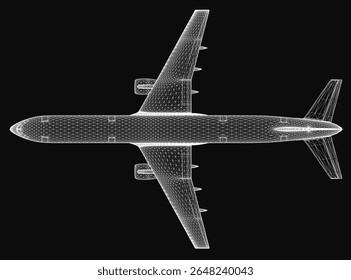 Um modelo em 3D de um avião, apresentando características estruturais detalhadas contra um fundo preto elegante. O design de malha transparente destaca a forma aerodinâmica da aeronave, asas