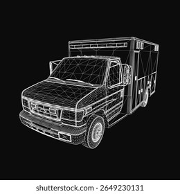 A 3D wireframe model of an ambulance stands out against a black background, featuring detailed headlights, a prominent grille, and clearly defined wheels.