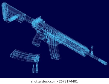 Ein 3D-Drahtmodell eines Sturmgewehres sitzt auf glattem blauem Hintergrund mit verstreuten Kugeln in der Nähe. Die detaillierte Maschenstruktur unterstreicht das Design der Waffe.