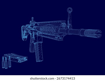 Ein 3D-Drahtmodell eines Sturmgewehres sitzt auf glattem blauem Hintergrund, umgeben von verstreuten Kugeln. Die detaillierte Maschenstruktur unterstreicht das Design der Waffe.