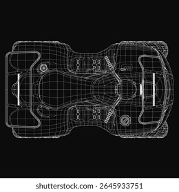 A 3D wireframe model of an ATV on a black background, featuring intricate mesh lines and smooth curves for a realistic appearance. The detailed structure highlights the vehicle's aerodynamic design.